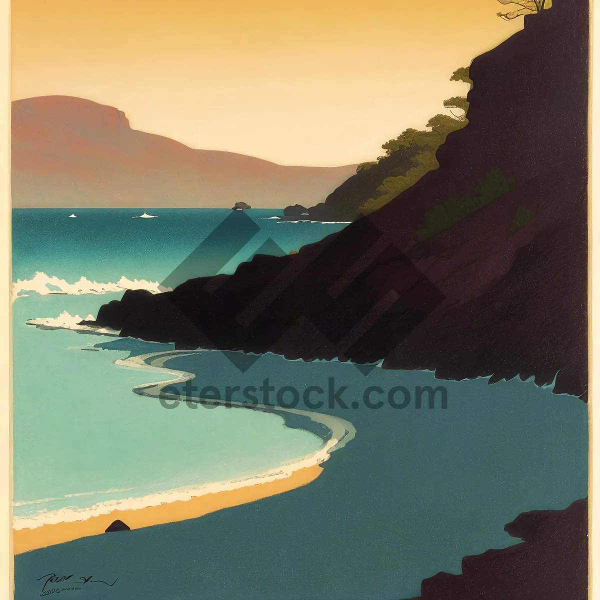 Picture of Serene Seascape: Beach with Coastal Landscape and Clear Blue Sky