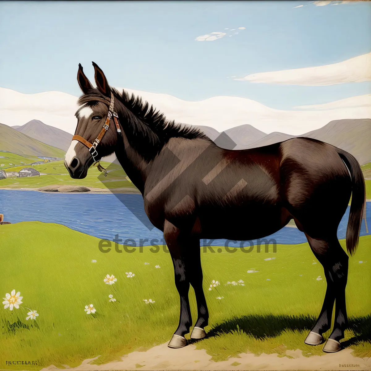 Picture of Thoroughbred Stallion Galloping Through Grass