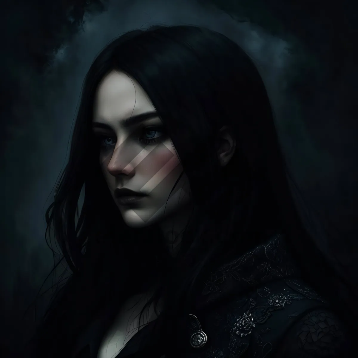 Picture of Fashion sorceress in black robe with dark eyes and sensual lips