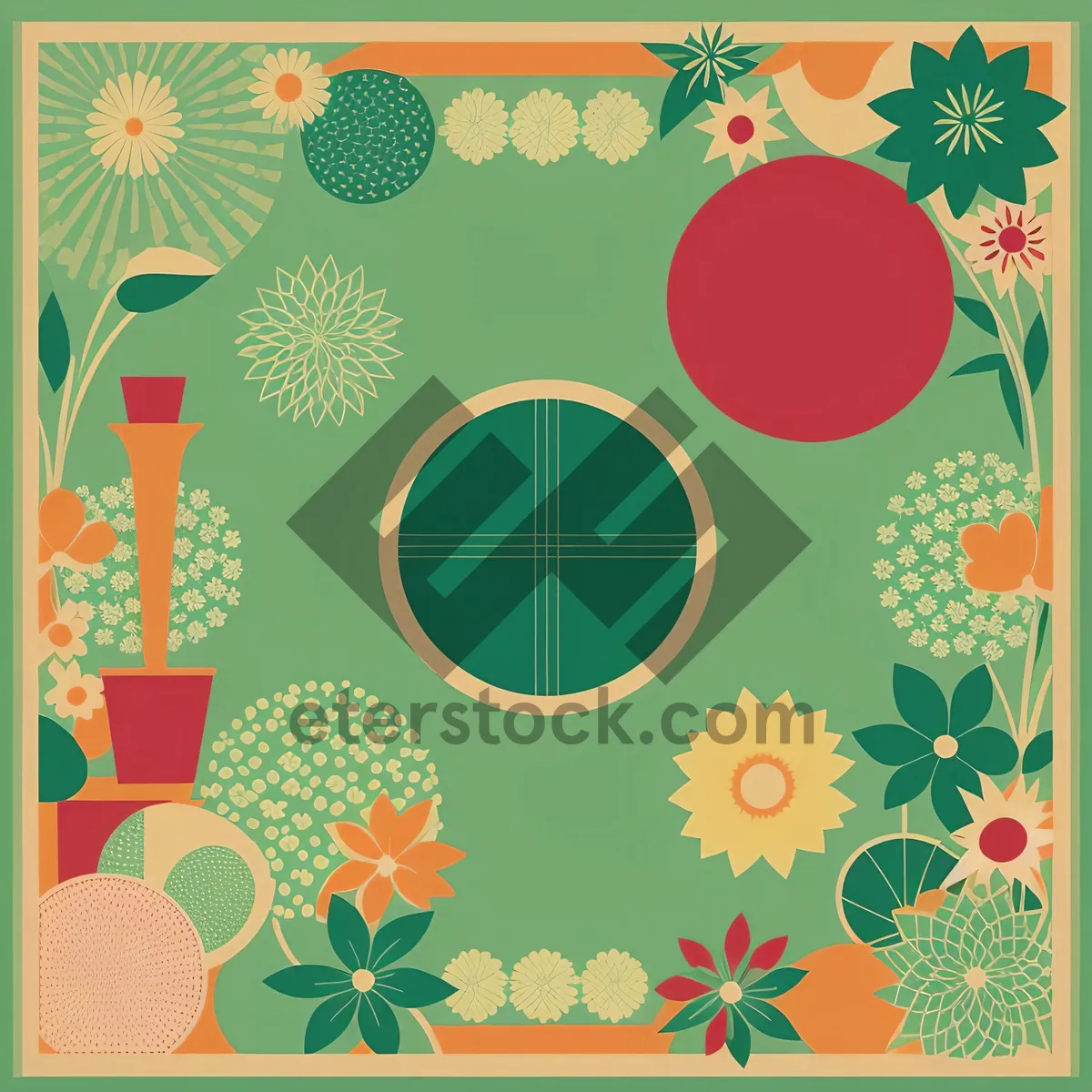 Picture of Floral Decorative Wallpaper with Retro Art Elements