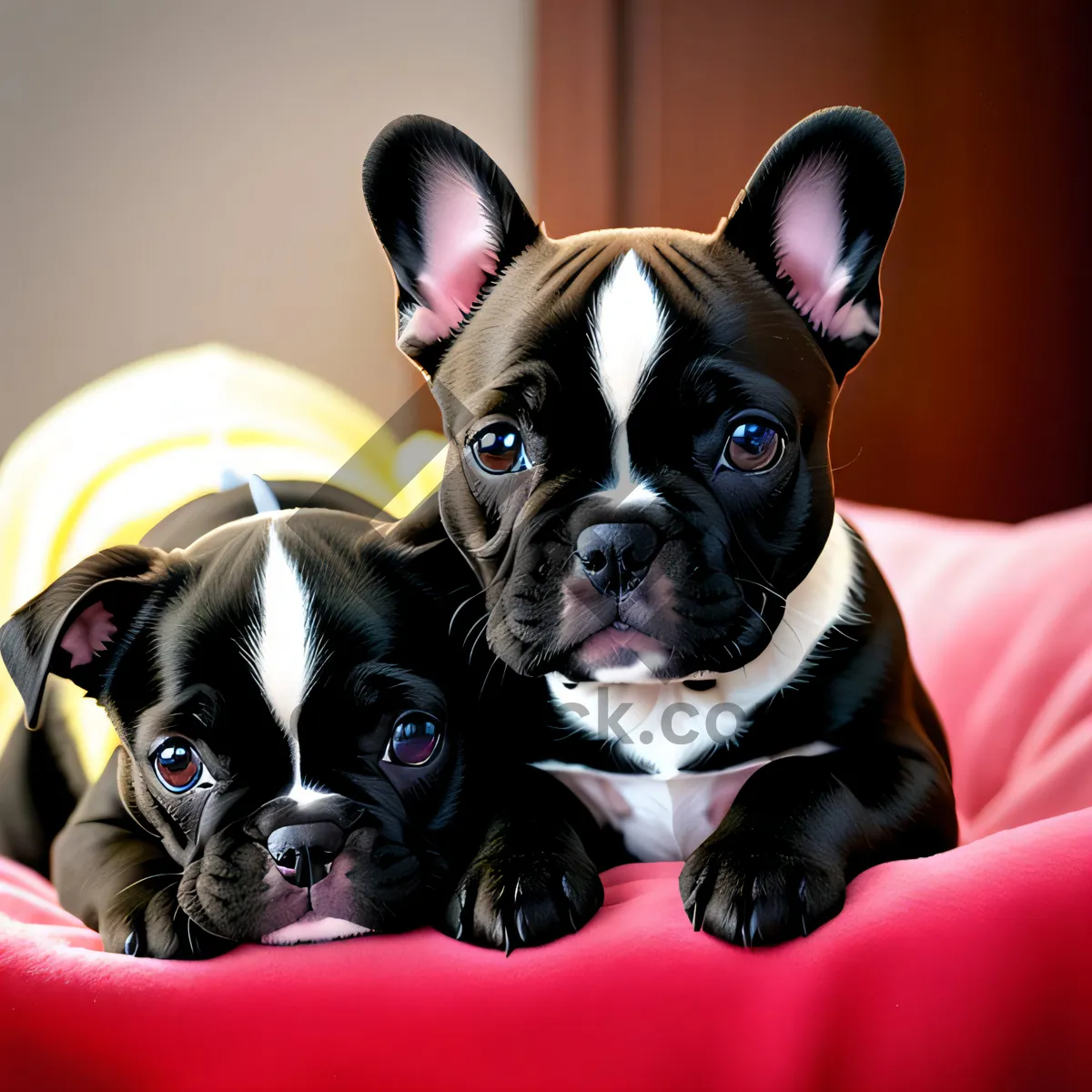 Picture of In a studio setting, a cute Bulldog puppy with endearing wrinkles sits with undeniable charm