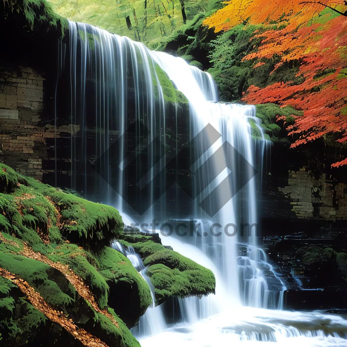 Picture of Serene Waterfall Cascades Through Lush Forest