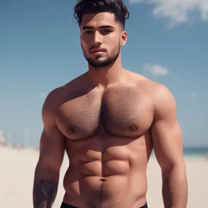 Smiling Beach Hunk: Attractive Male Model with Muscular Torso