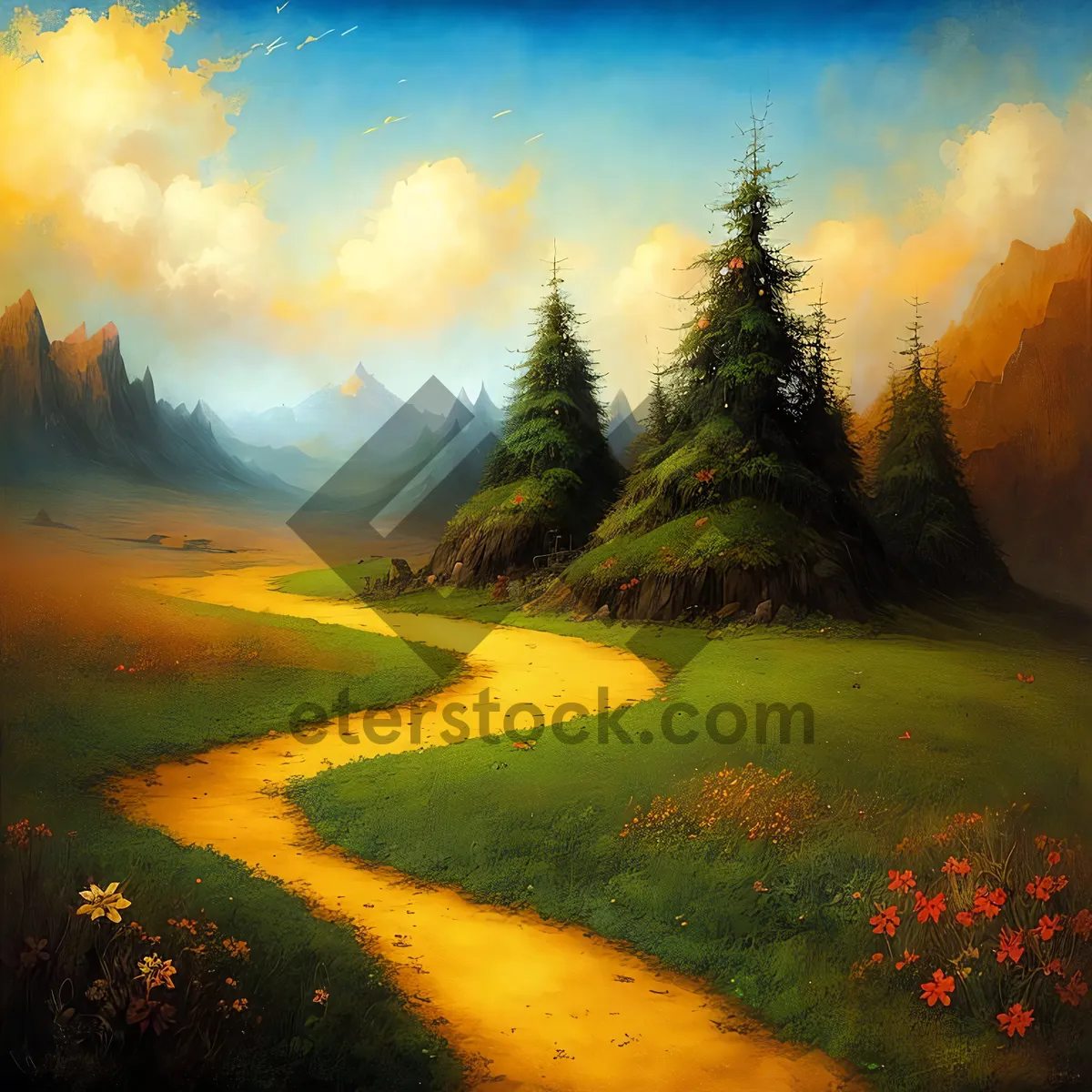 Picture of Vibrant Sunset Horizon over Meadows and Water