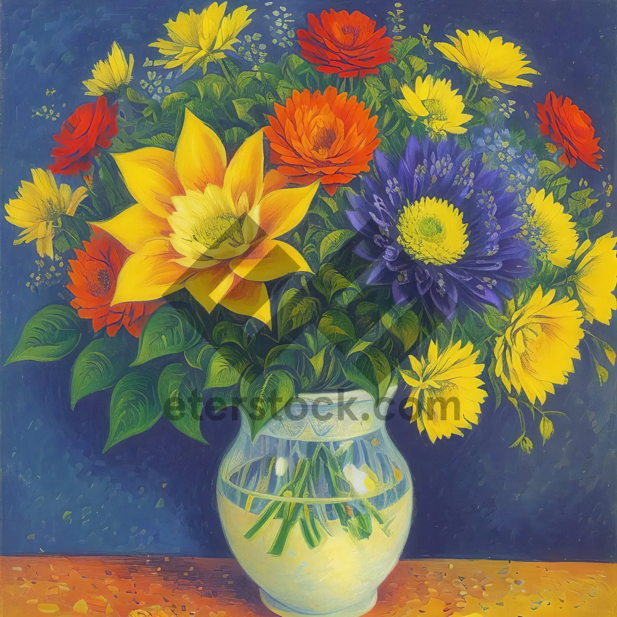 Picture of Vibrant Summer Blossoms in Earthenware Vase