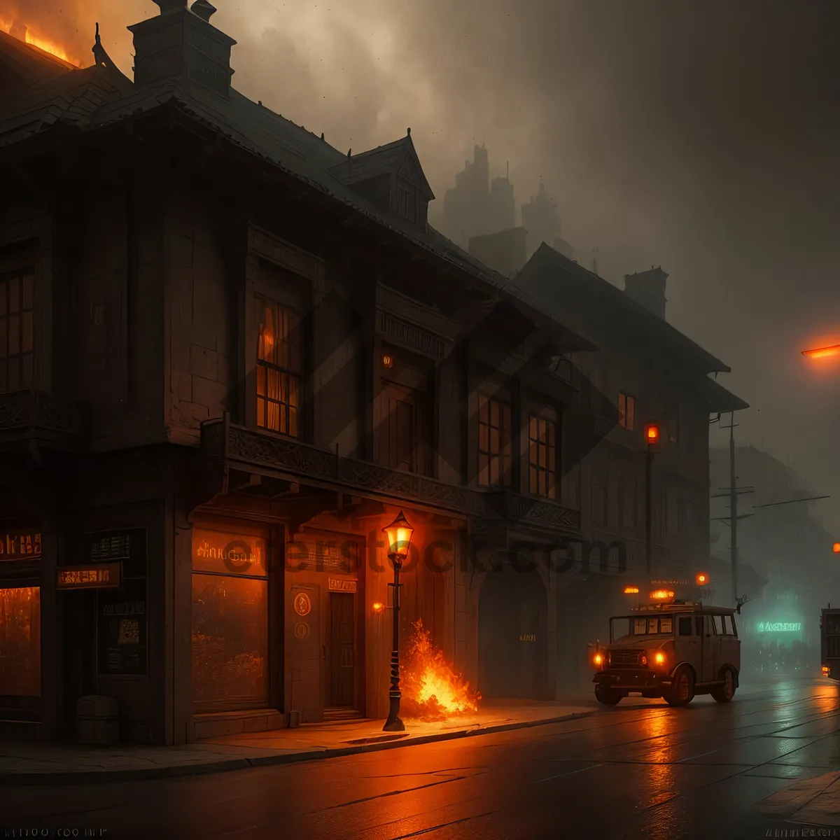 Picture of Nighttime cityscape with historic buildings and bustling streets.