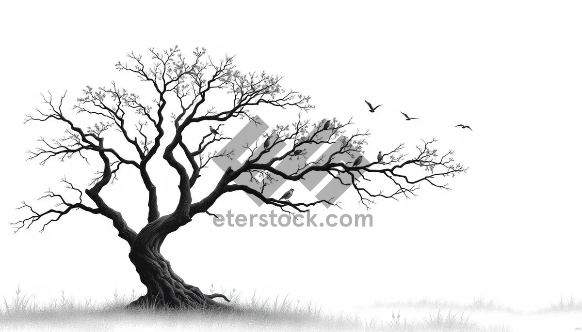 Picture of Winter forest silhouette against sky with oak branches.