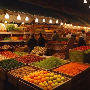 Fresh Fruits and Vegetables at Supermarket Stall.