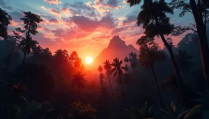 Tropical sunset sky with palm tree silhouette.