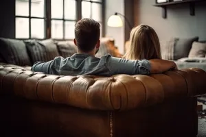 Adult sitting on leather sofa indoors