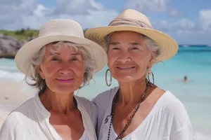 Happy Couple on Beach in Cowboy Hats Smiling