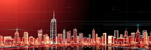 Modern City Skyline at Night with Water Reflections
