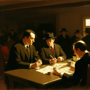 Happy business team meeting around conference table smiling