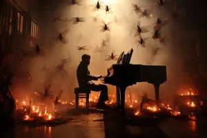 Silhouetted Grand Piano under Dramatic Lighting