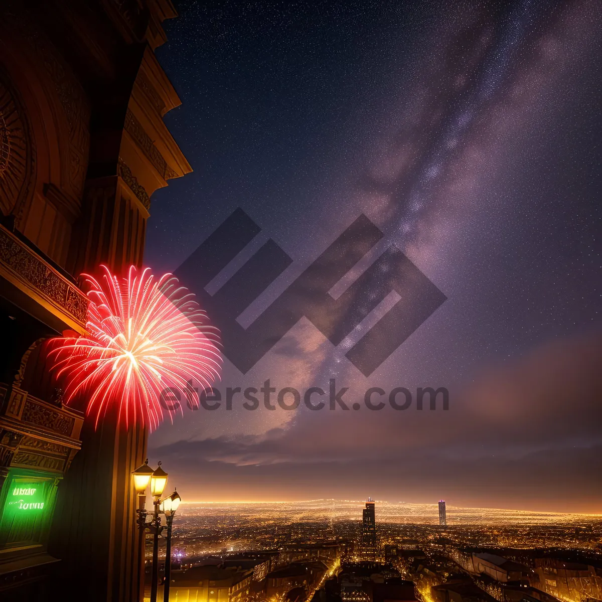 Picture of Festive Fireworks Illuminate Night Sky Above Ferris Wheel