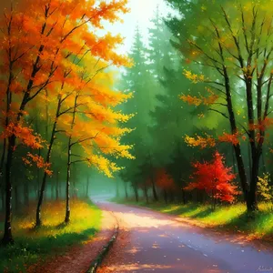 Autumn Sunlit Forest Scene with Colorful Foliage