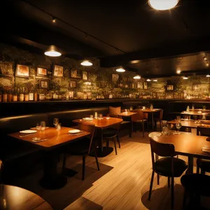 Modern restaurant interior design with wooden furniture.