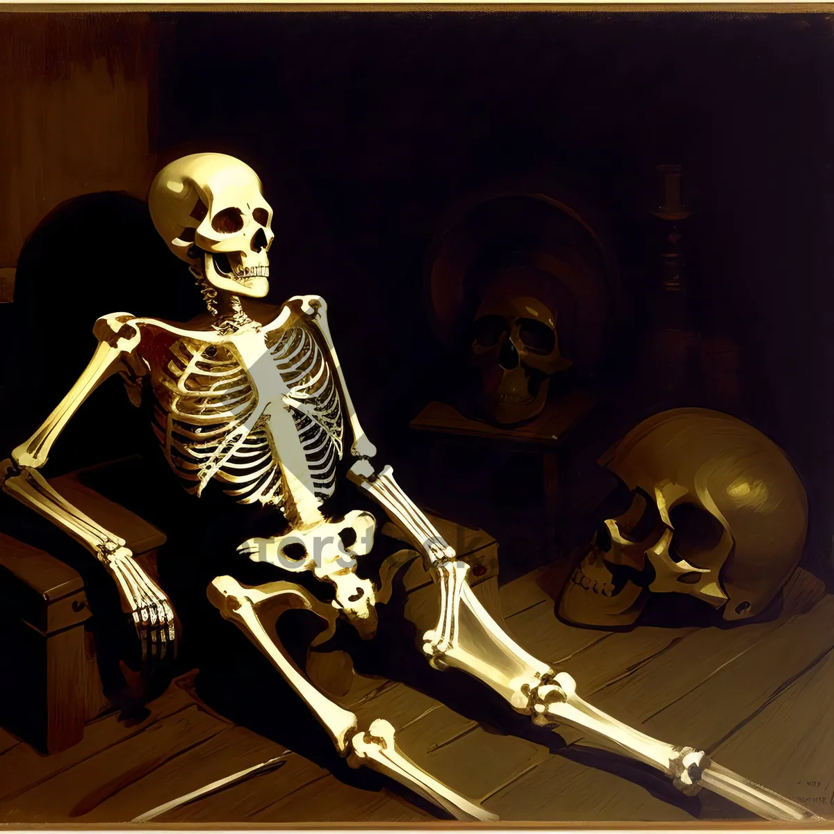 Picture of Spooky Skeleton Playing Trombone in Haunted Atmosphere