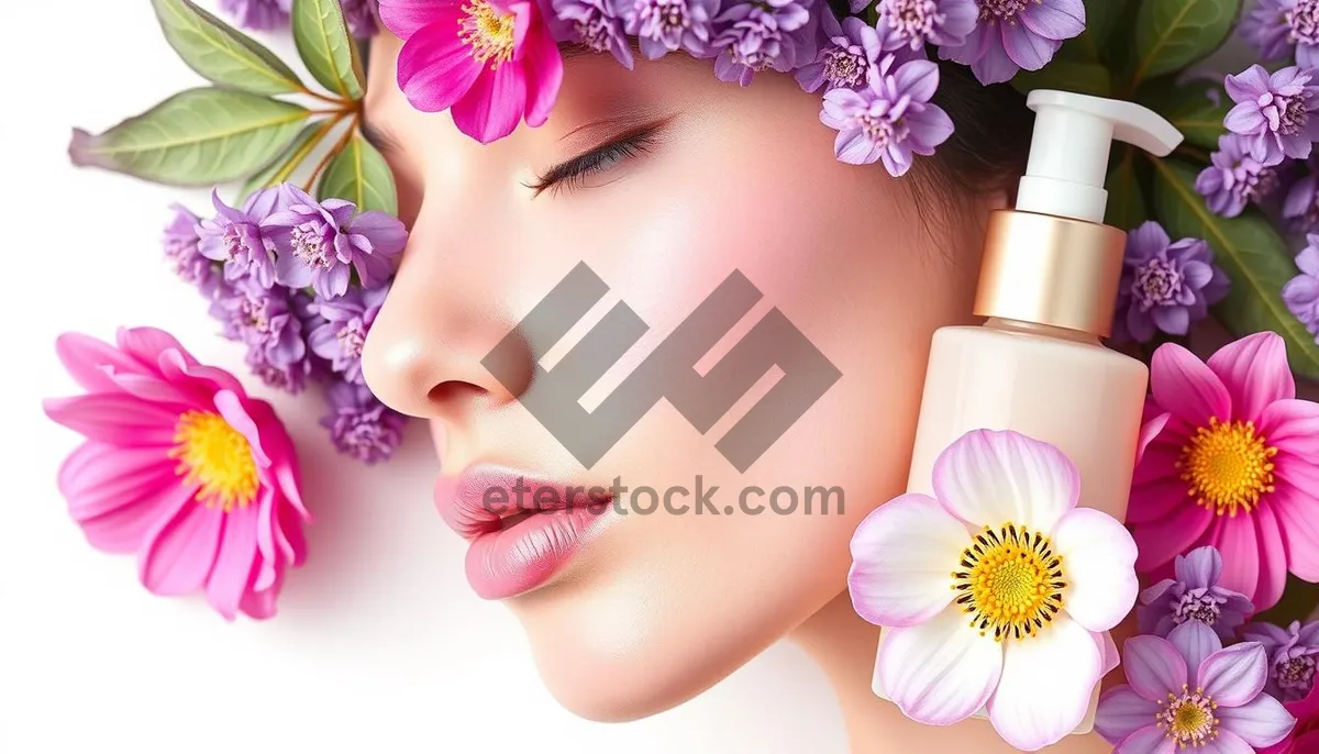 Picture of Pretty lady with fresh makeup and pink flowers