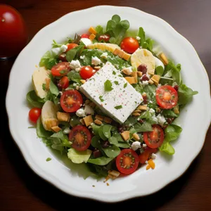 Fresh vegetable salad with cheese and tomatoes
