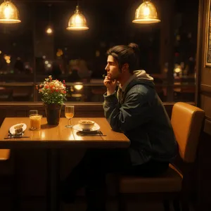 Restaurant waiter serving dinner in elegant interior setting.