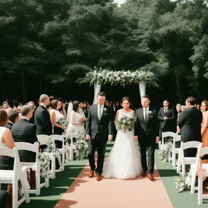 Happy business team outdoors smiling together at wedding.