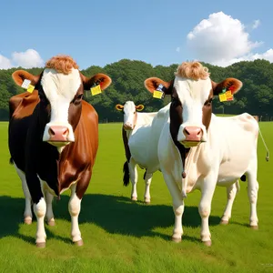 Summer Meadow with Horses and Cows in Rural Farm