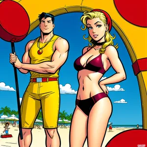 Moonlit Beachwear: Sexy Cartoon Model in Fashionable Swimsuit