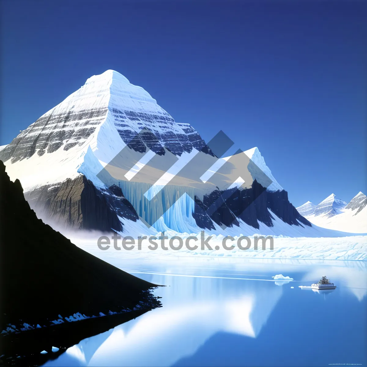 Picture of Majestic winter glacier amidst towering mountains.