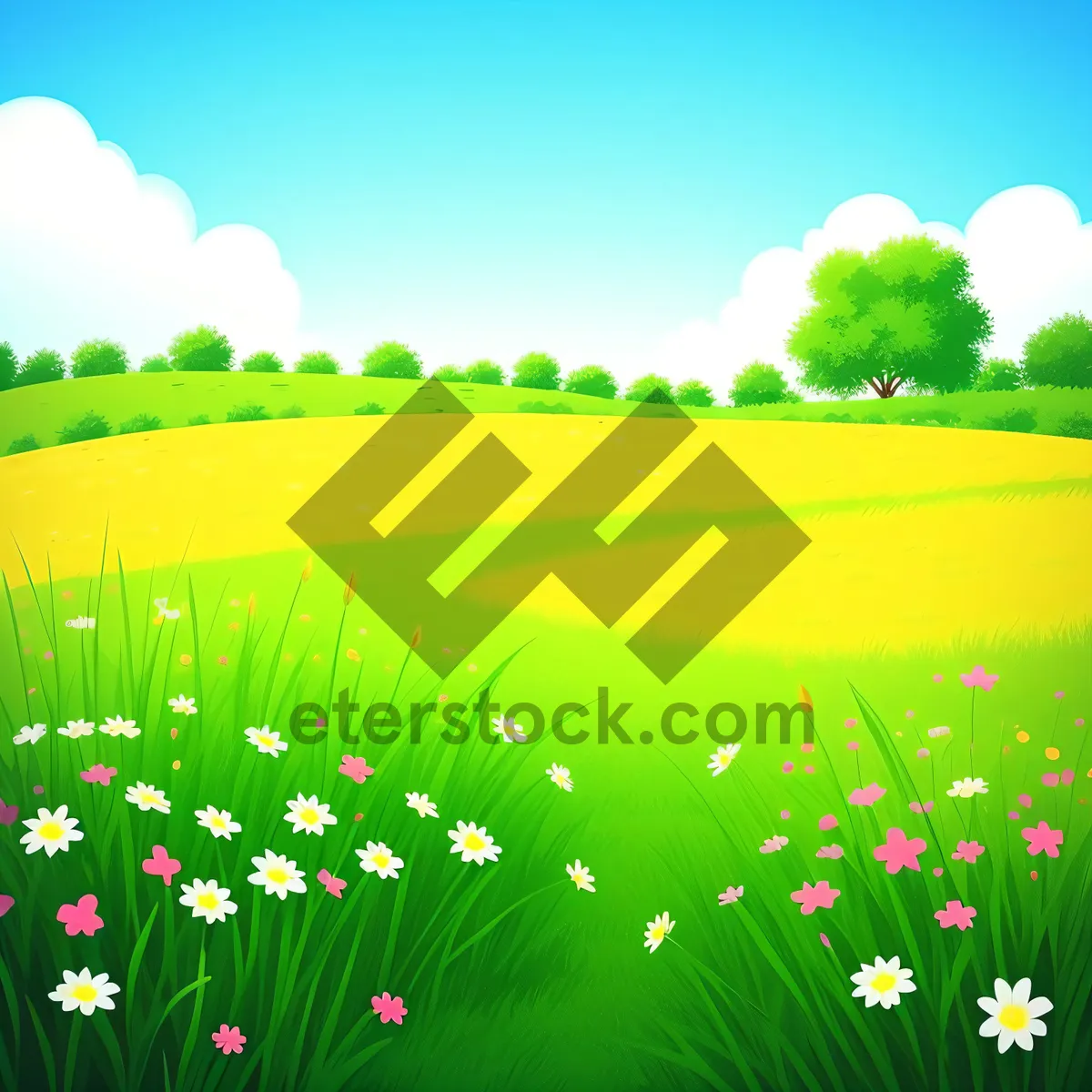 Picture of Vibrant Meadow Landscape Under Clear Blue Sky