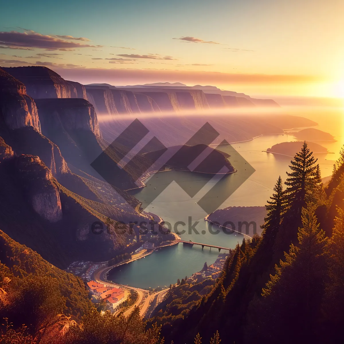 Picture of Desert Grand Canyon Sunset: Majestic Valley Landscape with Mountains and River