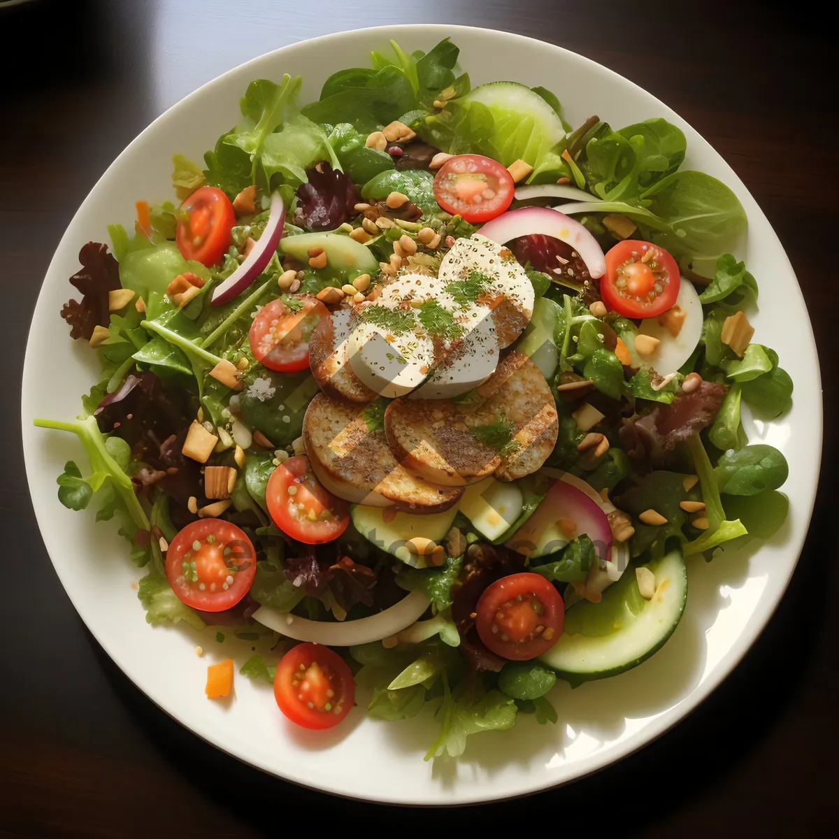 Picture of Delicious gourmet lunch with fresh vegetables and cheese.