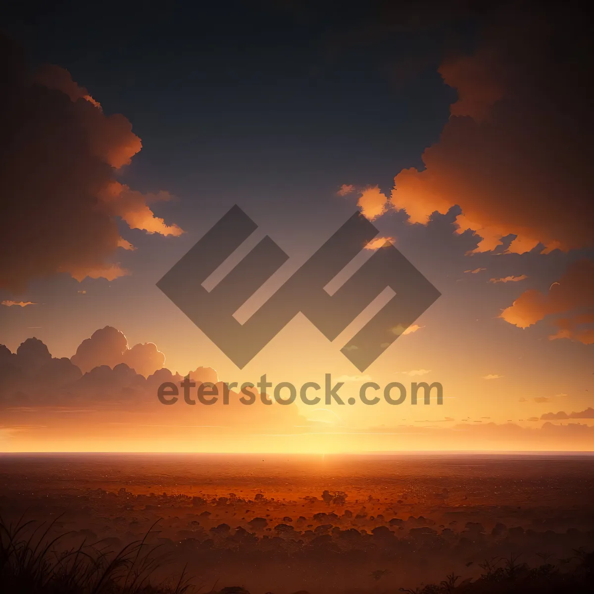 Picture of Vibrant Sunset Silhouetting the Ocean Horizon