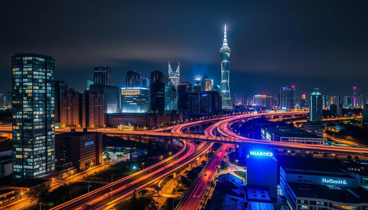 Picture of Modern city skyline at night with reflection on water