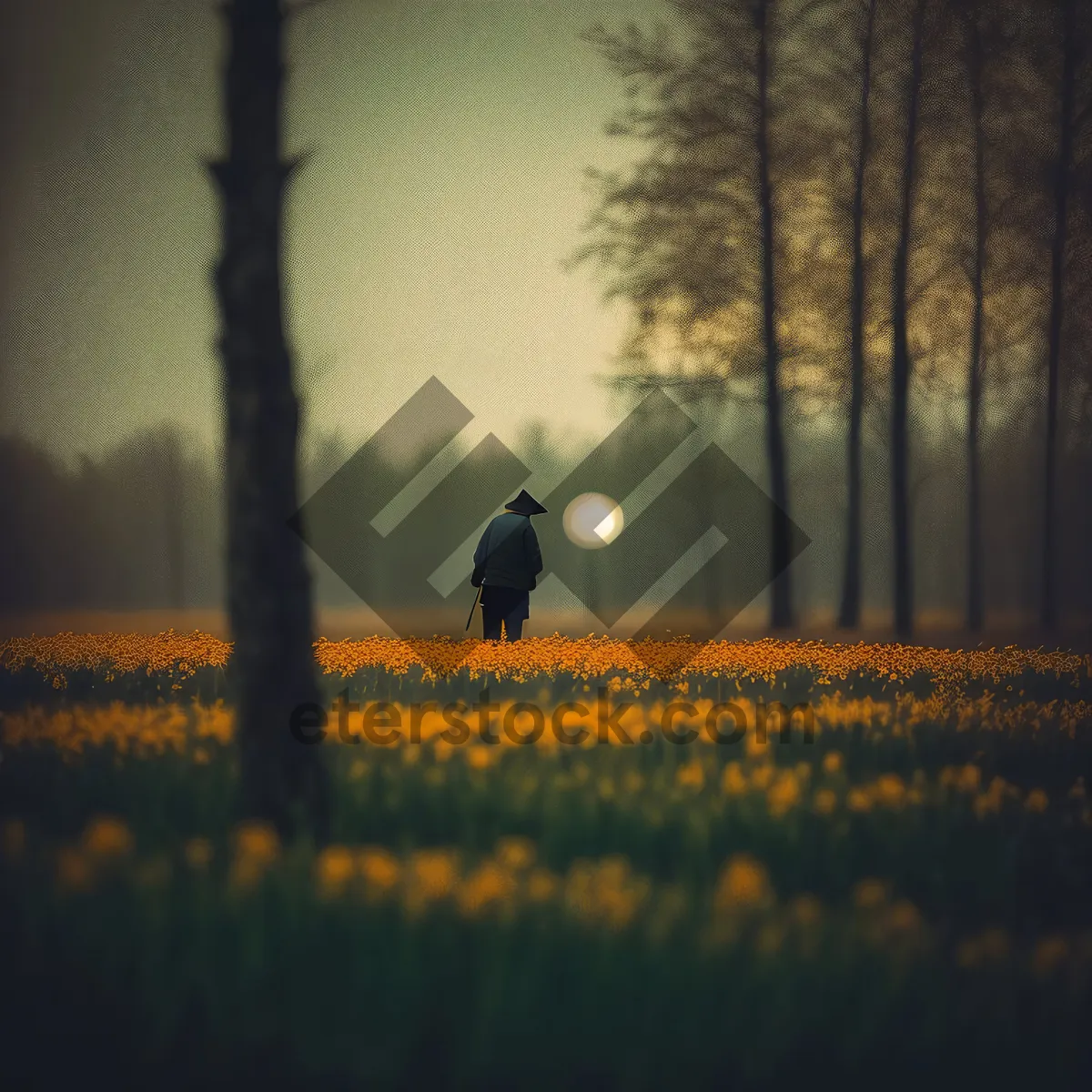 Picture of Golden Glow over Rural Meadow: Serene Sunset Landscape