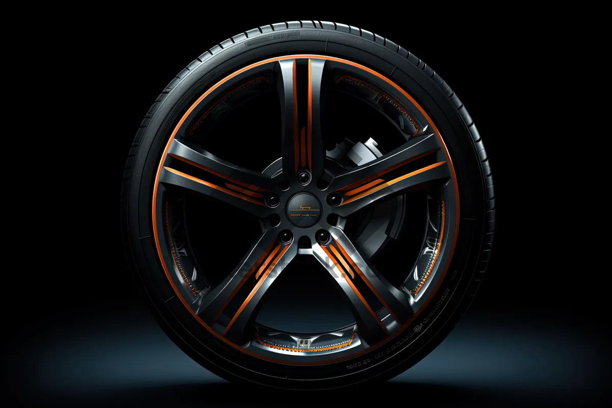 Picture of Shiny Black Car Wheel with Rubber Tire.