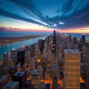 Metropolis Sunset: Urban Skyline with Towering Skyscrapers