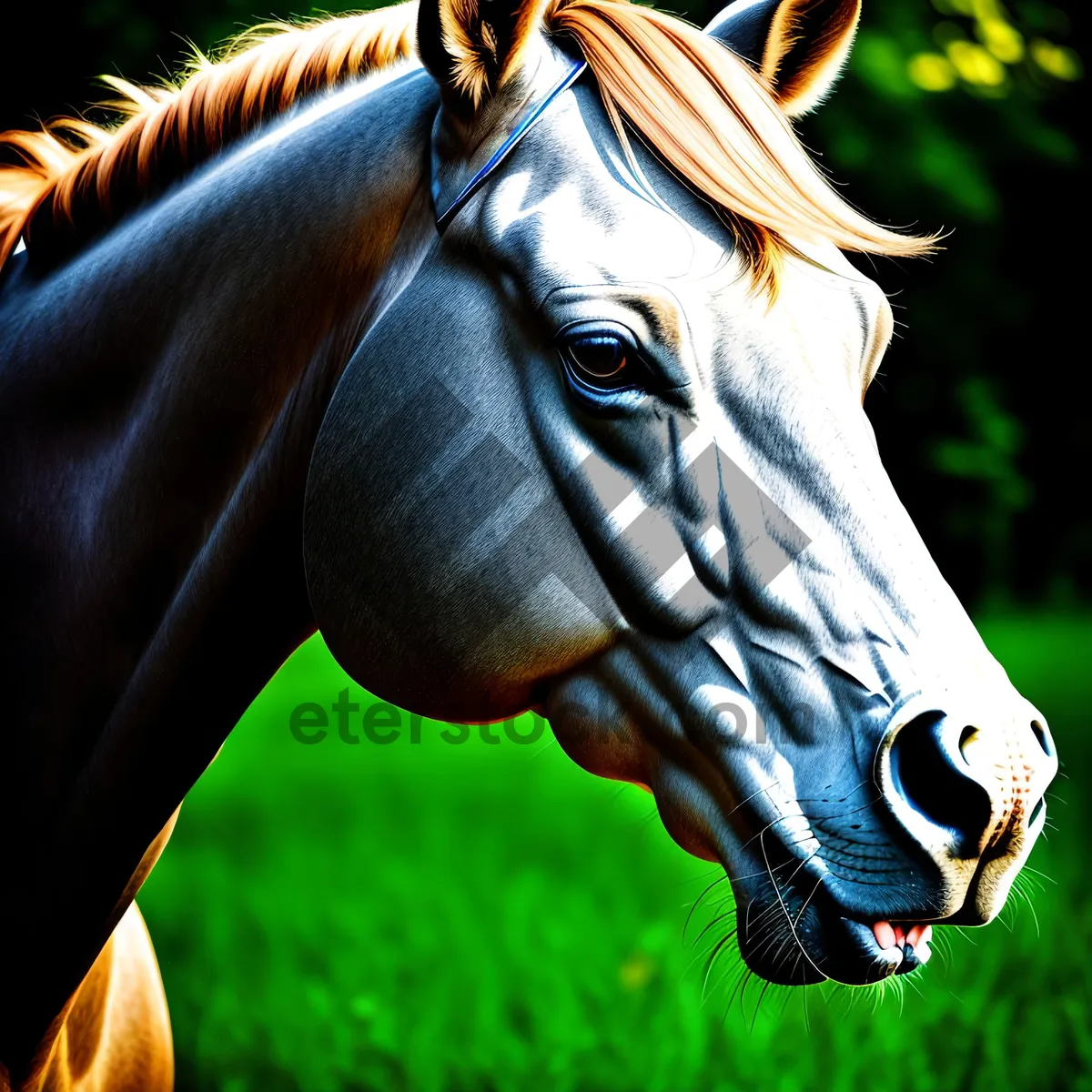 Picture of Thoroughbred Stallion Galloping in Green Pasture