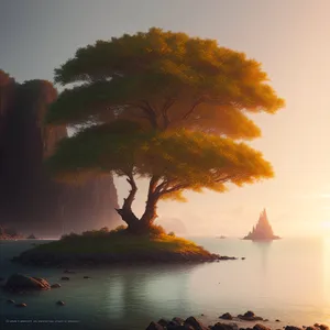 Golden Reflection: Serene Sunset Over Tropical Beach