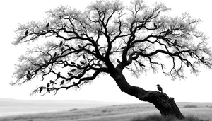 Winter sky over oak tree in forest solitude.