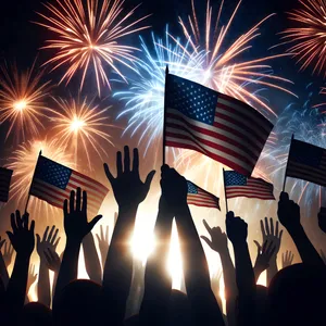 Crowd With Fireworks and American Flags