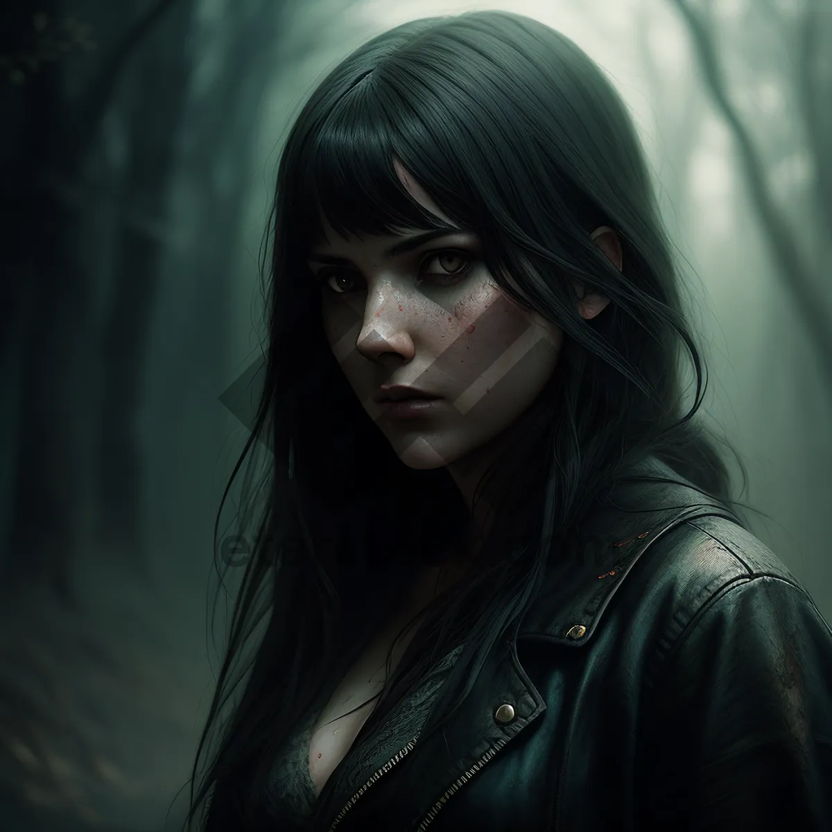 Picture of Captivating brunette model with enchanting eyes, elegantly clad in a leather jacket