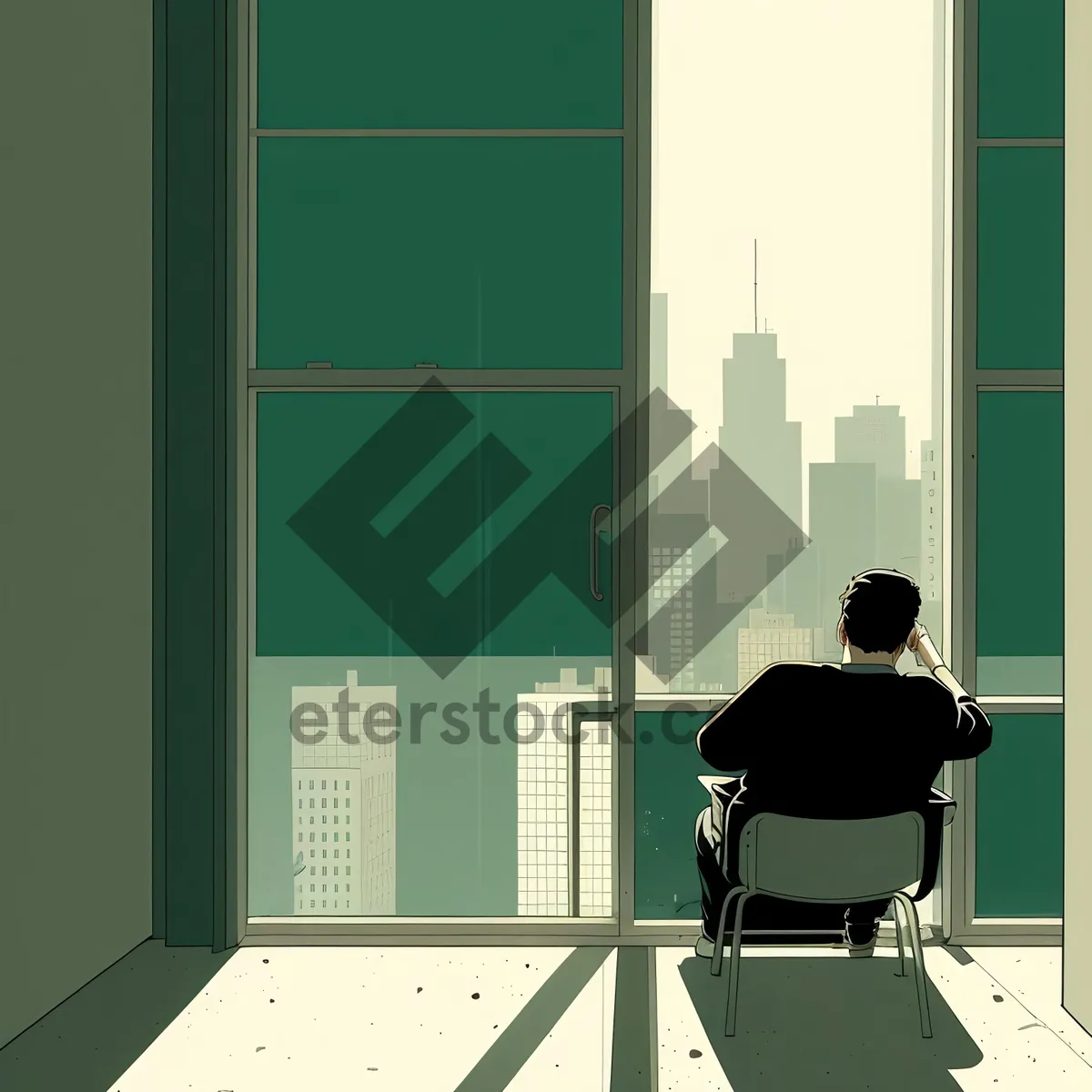 Picture of Modern office interior with businessman sitting by the door