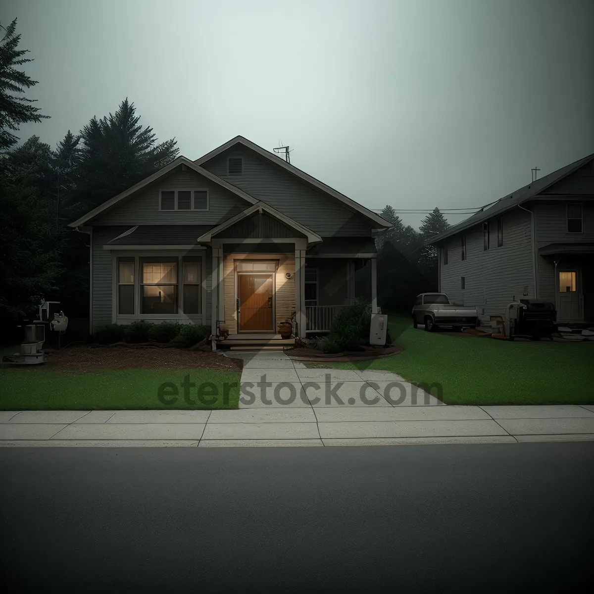 Picture of Modern suburban bungalow with landscaped yard and garage.