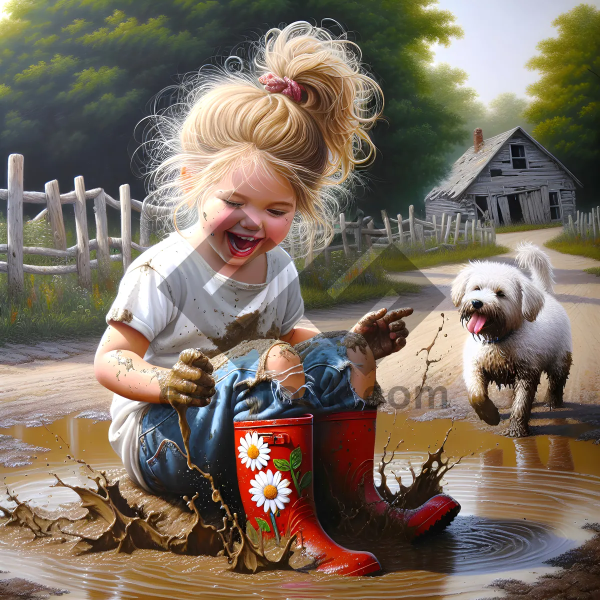 Picture of Happy child playing with cute dog in park