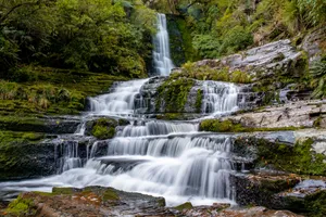 Tranquil waterfall in scenic forest landscape