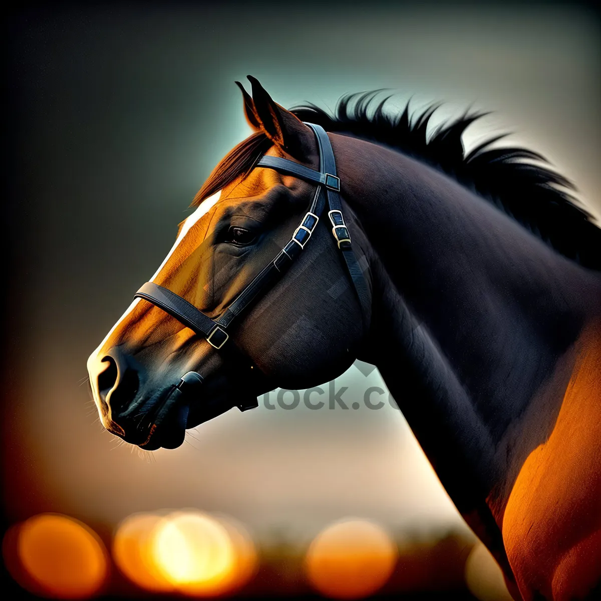 Picture of Beautiful Brown Stallion in Bridle and Headgear