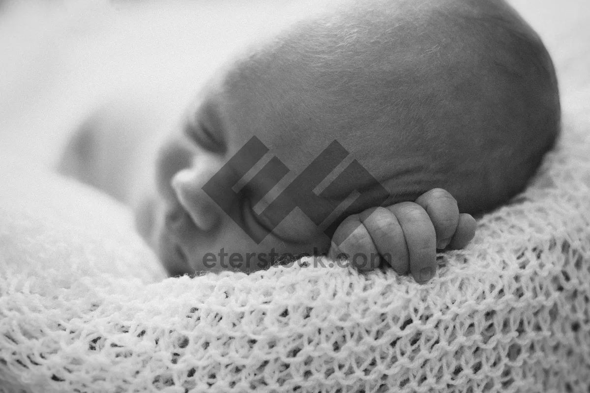 Picture of Sweet newborn baby boy peacefully sleeping on hospital bed.