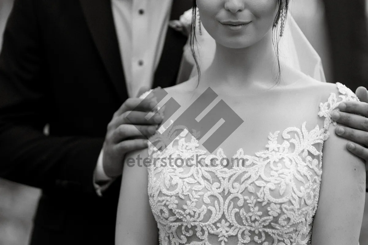 Picture of Sexy brunette bride in elegant wedding dress