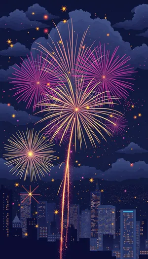 Colorful Happy Firework Display in Night Sky